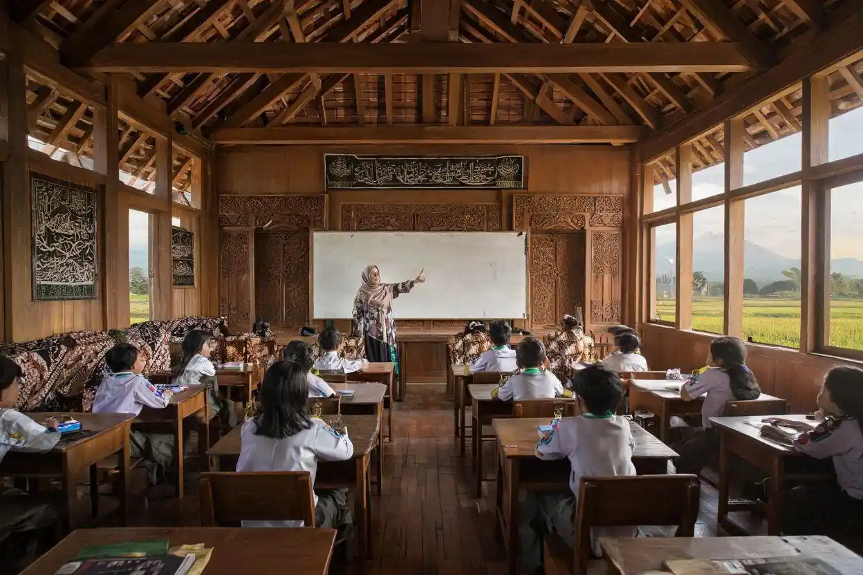 Siswa SD Islam swasta di Jogja sedang belajar dengan guru di kelas modern dengan suasana islami