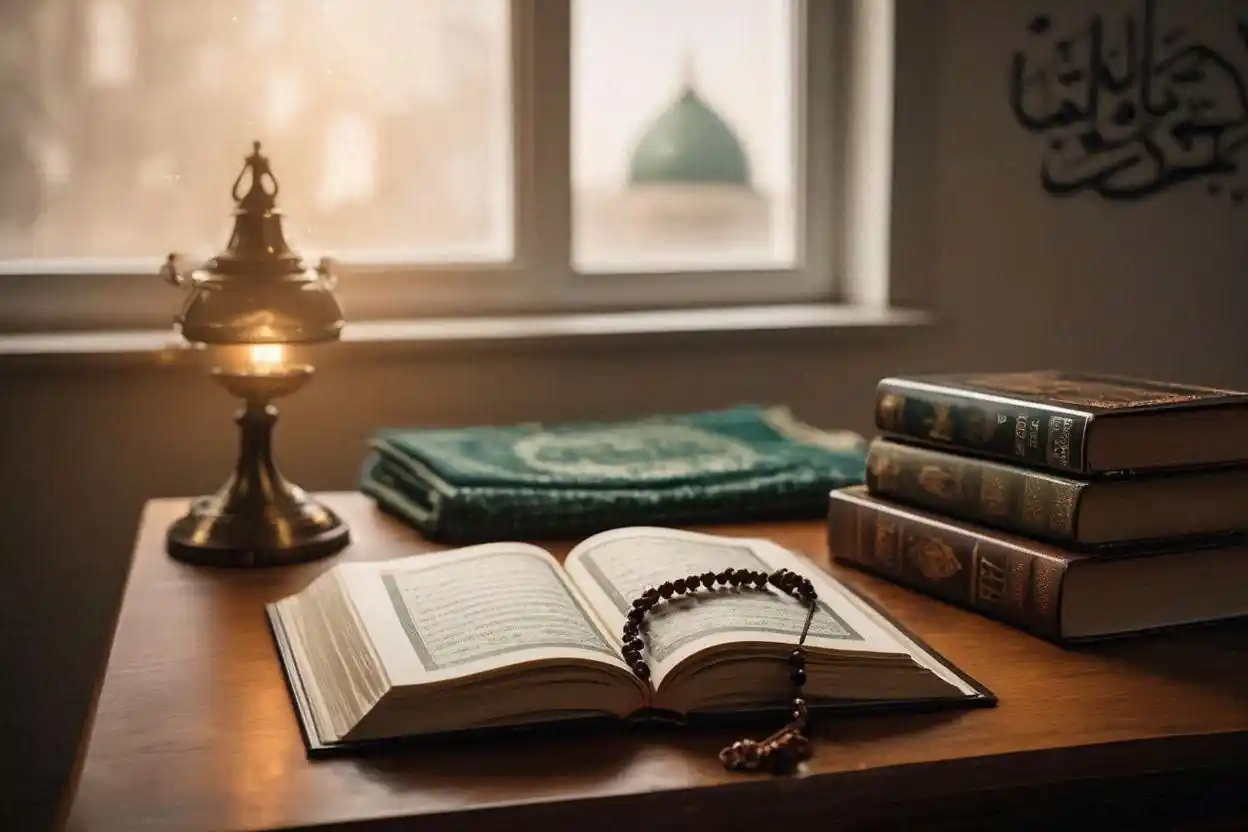 Ilustrasi hukum kafarat puasa dalam islam dengan Al-Quran dan kitab fiqih di atas meja